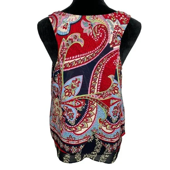 Bila Womens Sheer Sleeveless Print Top with Back Overlay Size M Bohemian Artsy - Picture 2 of 9